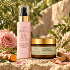 PRANA Rose Water Toning Mist and Turmeric & Sandalwood Vitamin C Clay Mask with rose petals and turmeric root