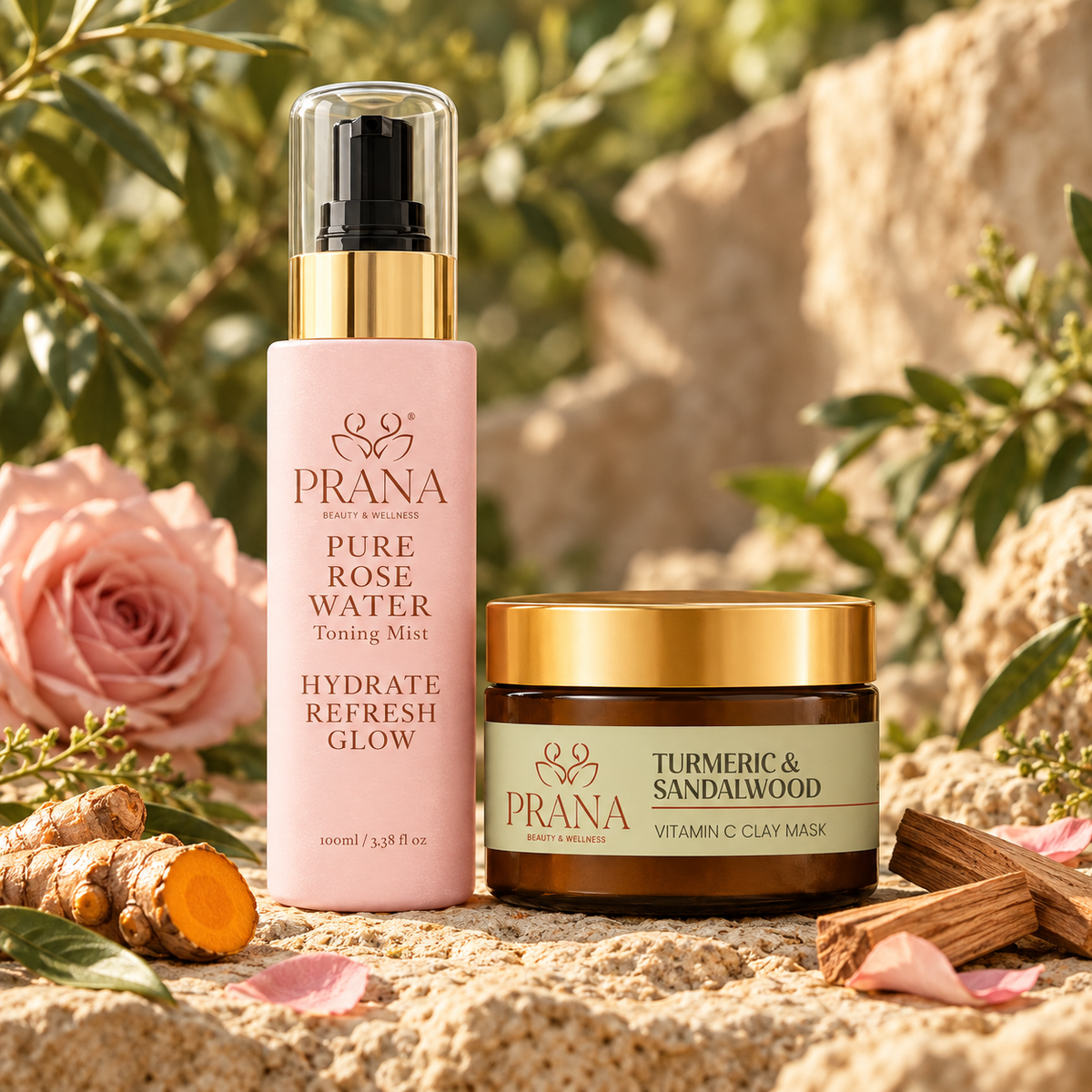 PRANA Rose Water Toning Mist and Turmeric & Sandalwood Vitamin C Clay Mask with rose petals and turmeric root