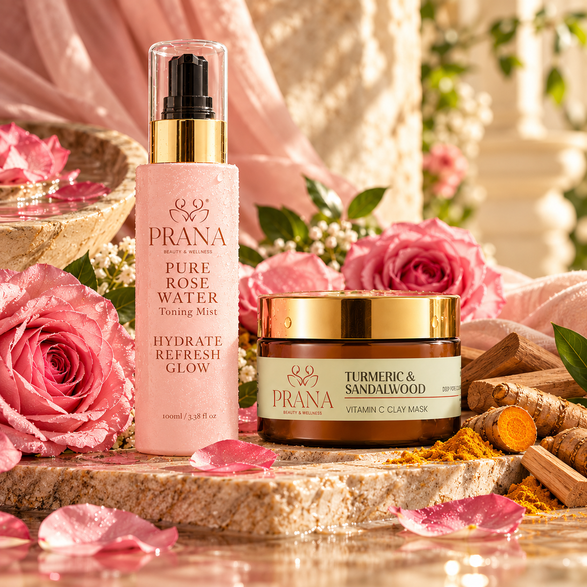 PRANA Pure Rose Water Toning Mist and Turmeric & Sandalwood Vitamin C Clay Mask with pink roses and turmeric roots