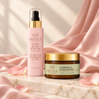 PRANA Rose Water Toning Mist and Turmeric & Sandalwood Vitamin C Clay Mask on a marble surface with pink satin and rose petals