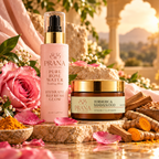 PRANA Rose Water Toning Mist and Turmeric & Sandalwood Vitamin C Clay Mask with pink roses and turmeric roots