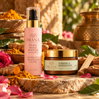 PRANA Pure Rose Water Toning Mist and Turmeric & Sandalwood Vitamin C Clay Mask with rose petals and turmeric