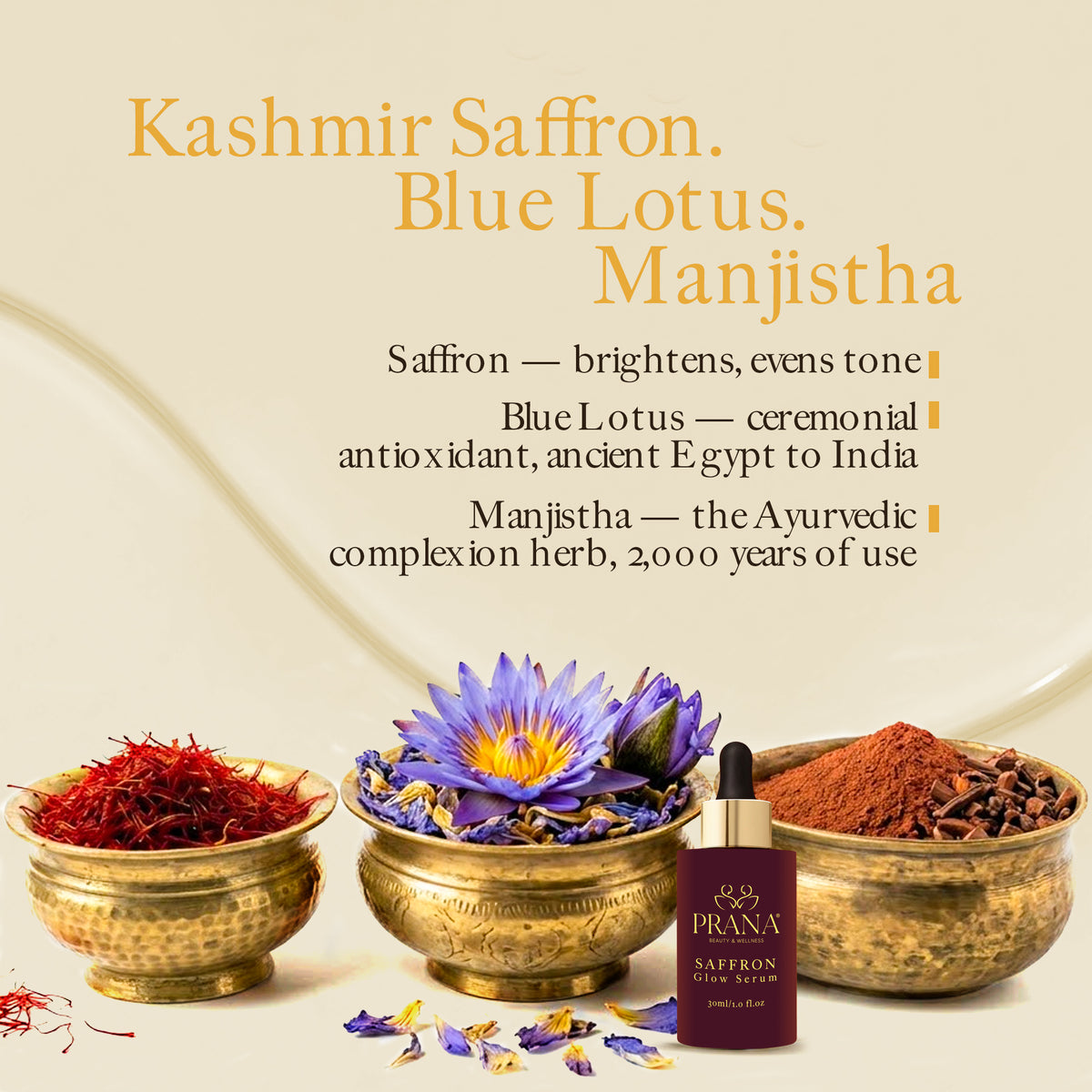 PRANA Saffron Glow Serum with saffron, blue lotus, and manjistha