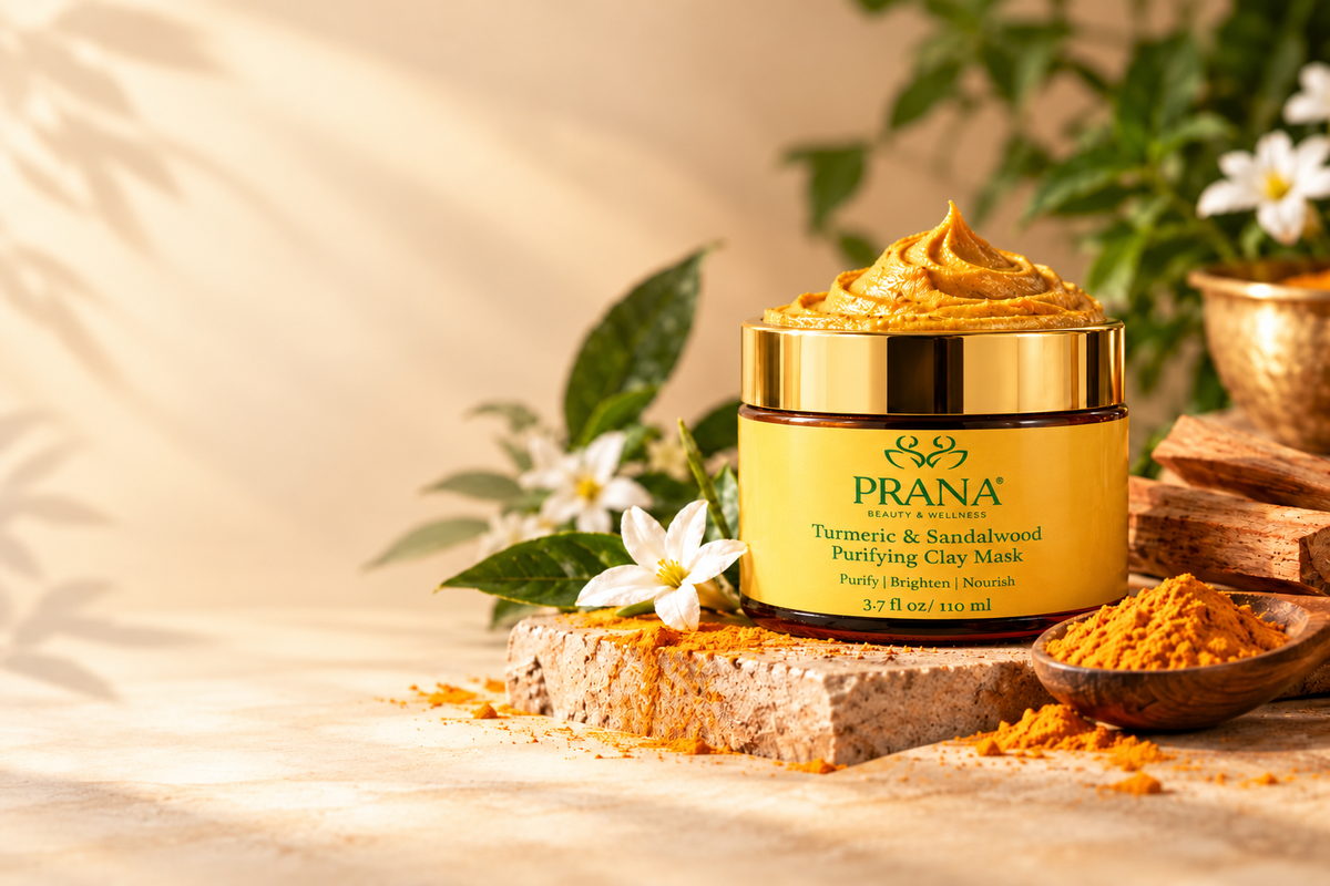 PRANA Turmeric & Sandalwood Purifying Clay Mask with turmeric powder and white flowers