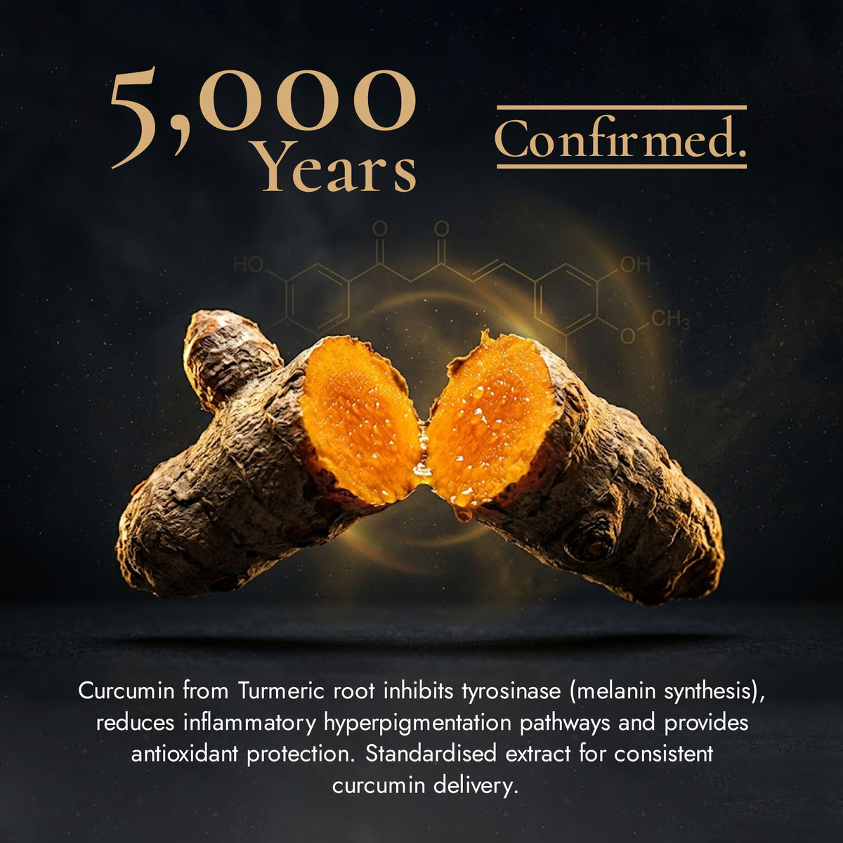 Split turmeric root with bright orange flesh against a dark background, illustrating curcumin and its antioxidant skincare benefits